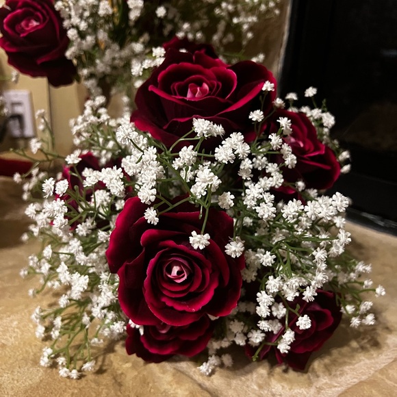 Bouquet with 6 deep red/burgundy roses and white baby’s breath. Have multiple - Picture 3 of 5